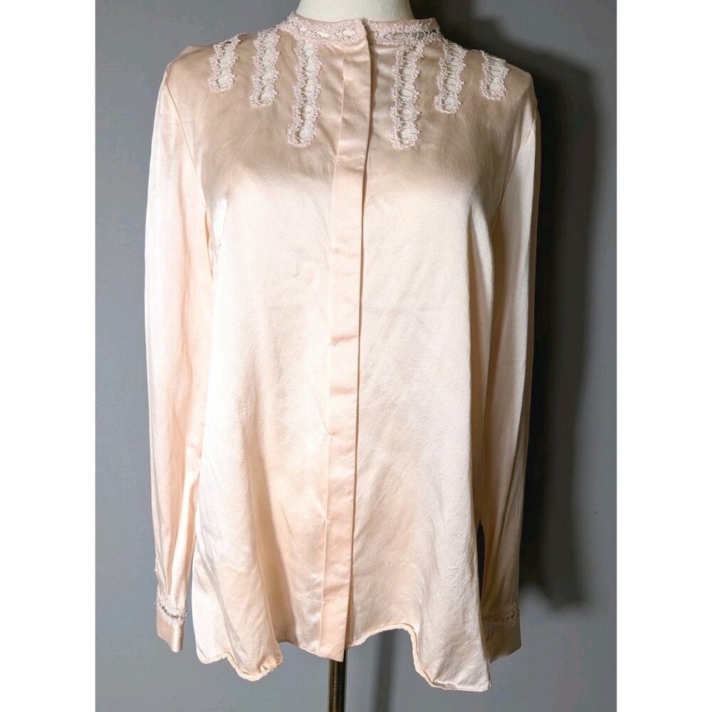 Elie Tahari 100% Silk Blush Pink Lace Trim Button Down Blouse Top M Long Sleeve
